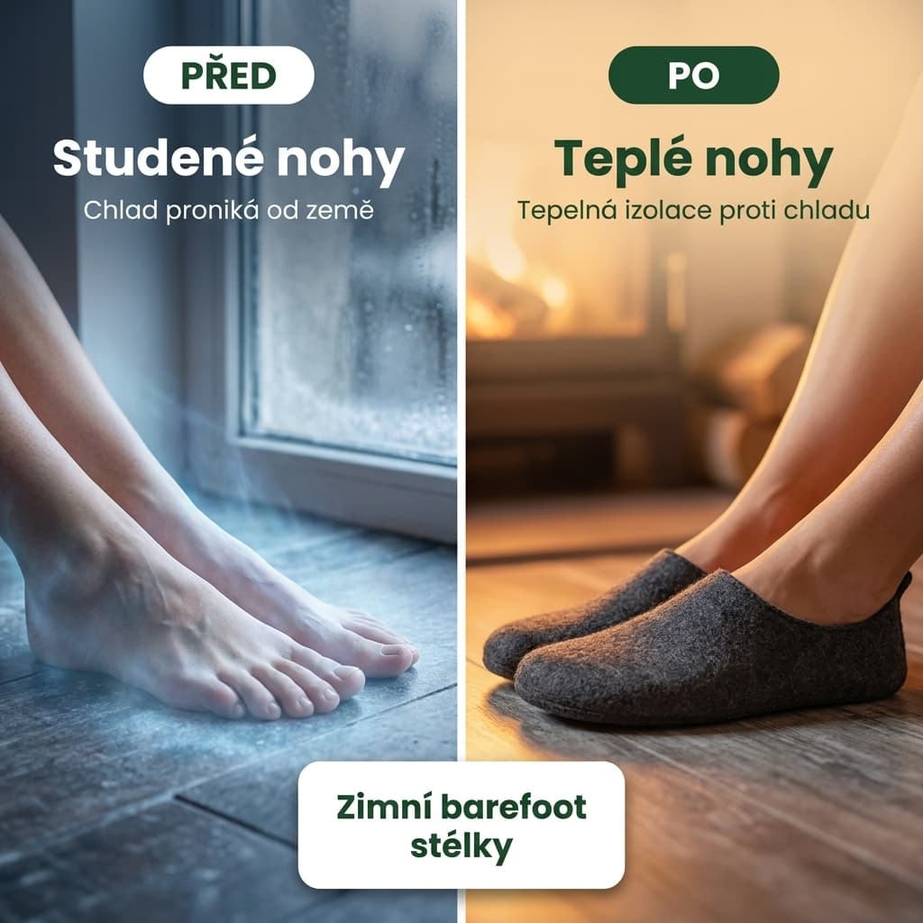 Zimní barefoot stélky proti studeným nohám – před a po, teplé nohy